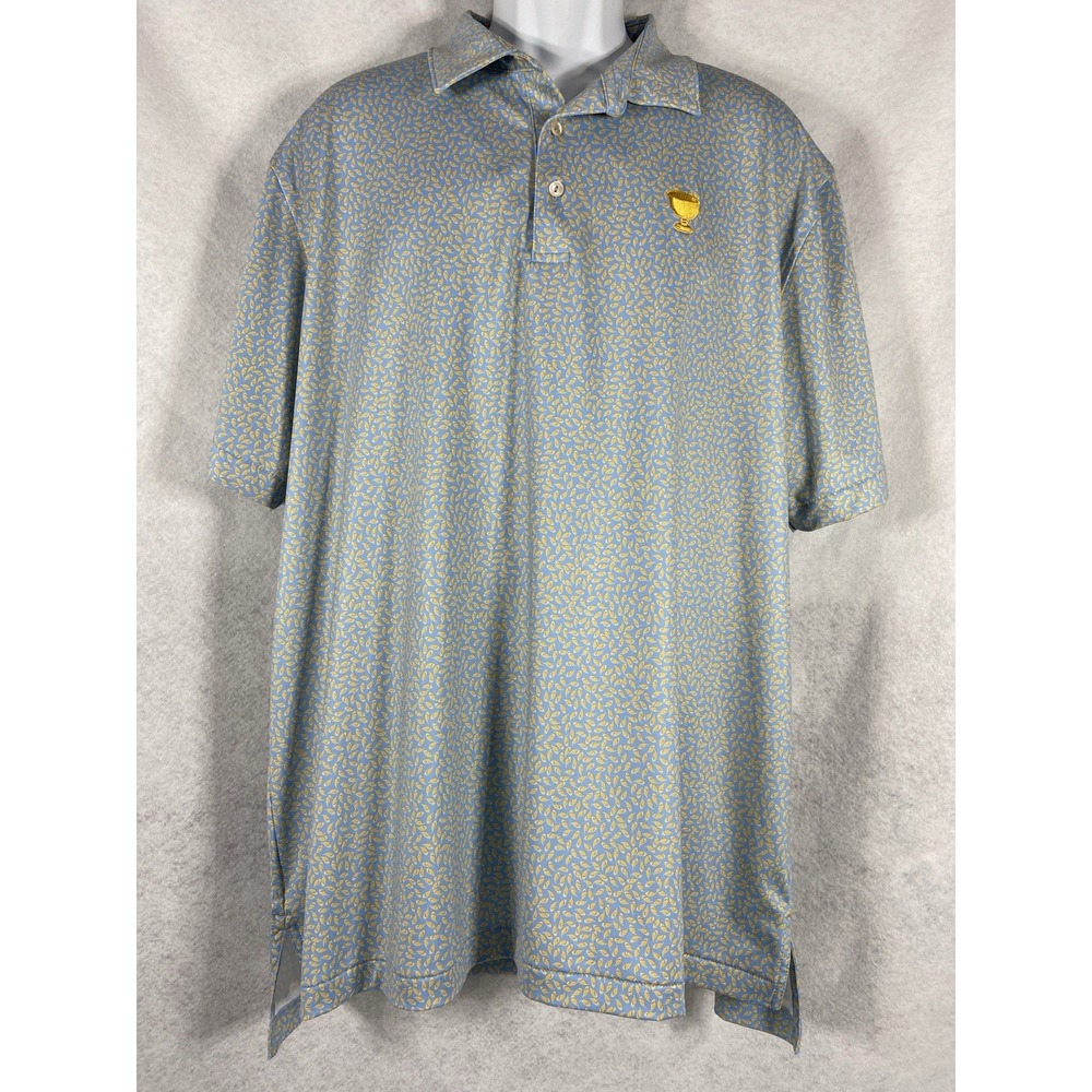 Peter Millar Polo Shirt Men's XL Blue Yellow Summer Comfort Feathers Prints EUC